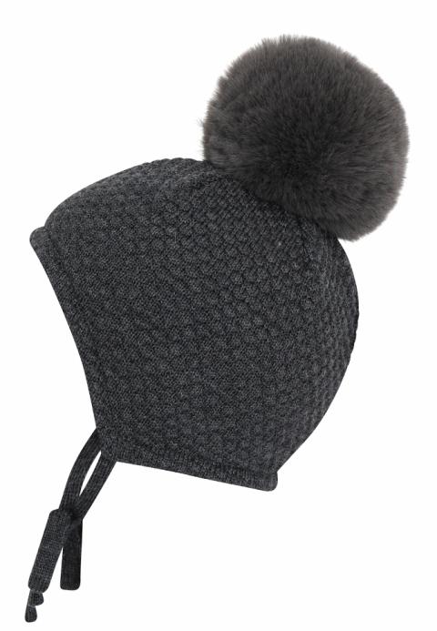Chunky Oslo Baby hat w. real f - Dark Grey Melange -   43
