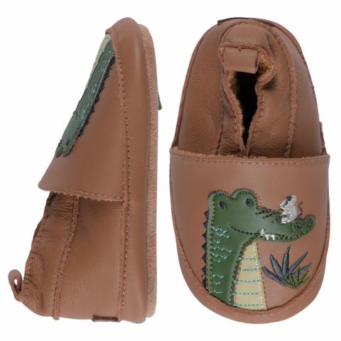 Leather Slippers w. crocodille - Brown Sugar -16/19