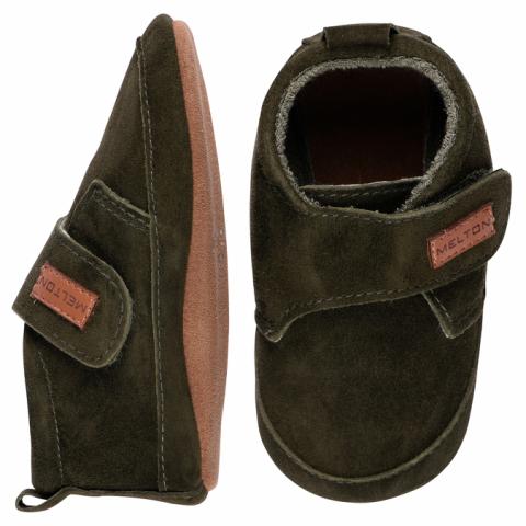 Suede slippers w. velcro - Dark Olive -20/21