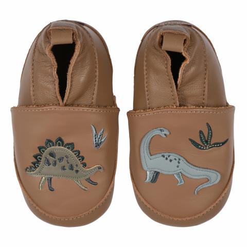 Leather Slippers w. dinosaurs - Brown Sugar -20/21